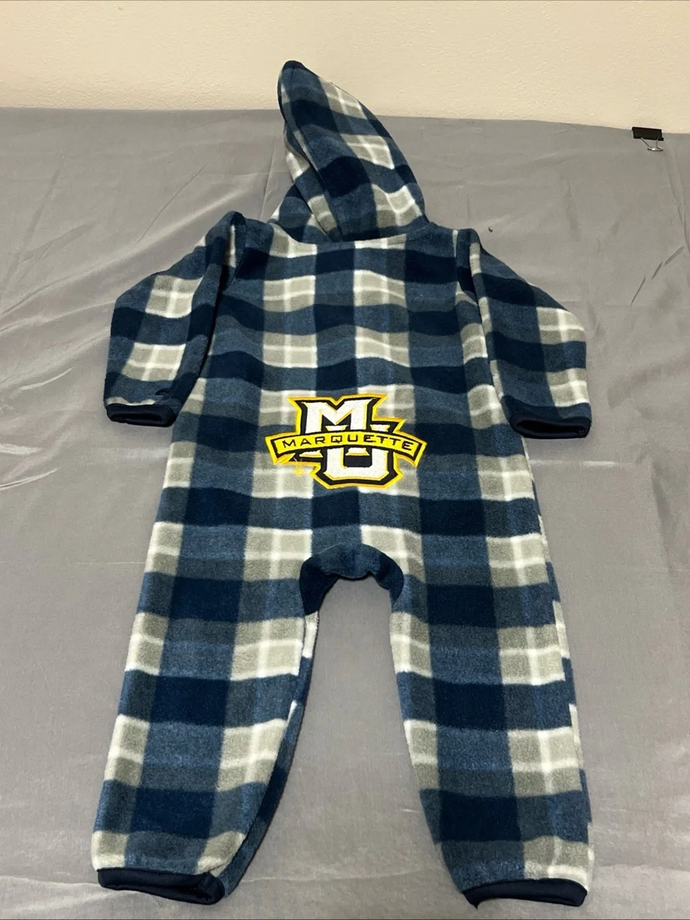 Marquette University Golden Eagles infant plaid fleece full-zip hooded jumpsuit